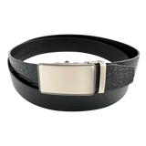 Black croco leather ratchet belt with silver buckle, front view