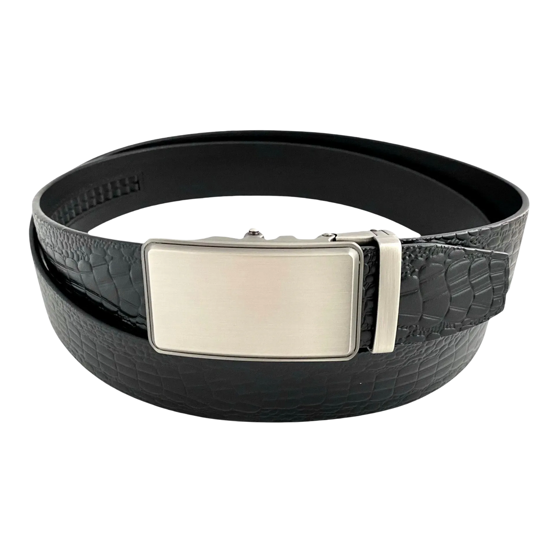 Black croco leather ratchet belt with silver buckle, front view