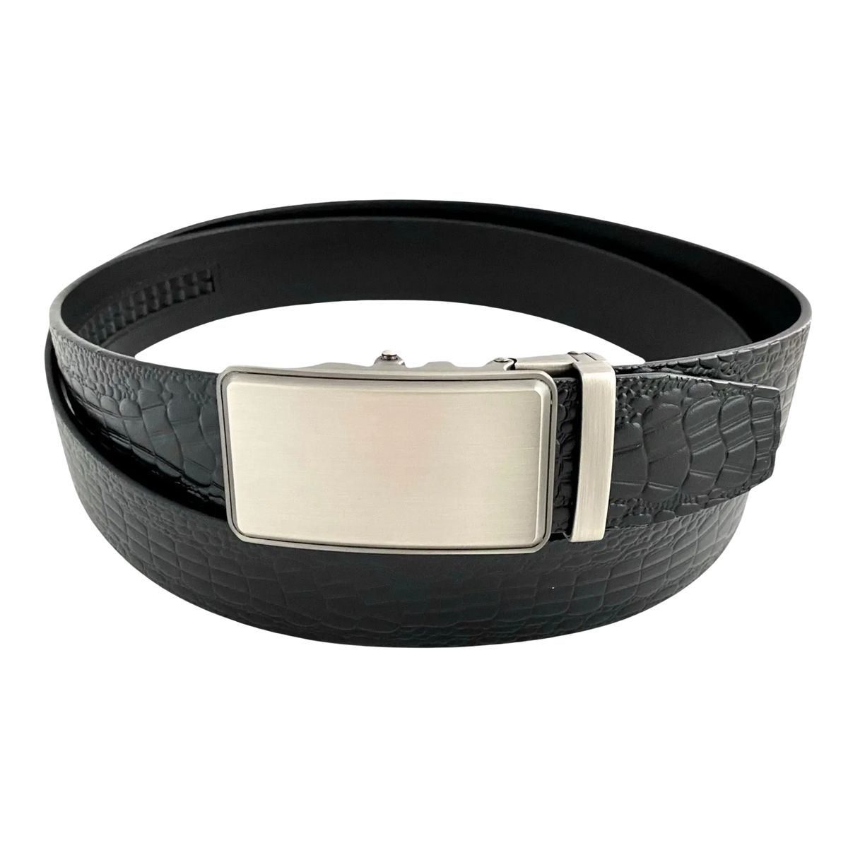 Black croco leather ratchet belt with silver buckle, front view