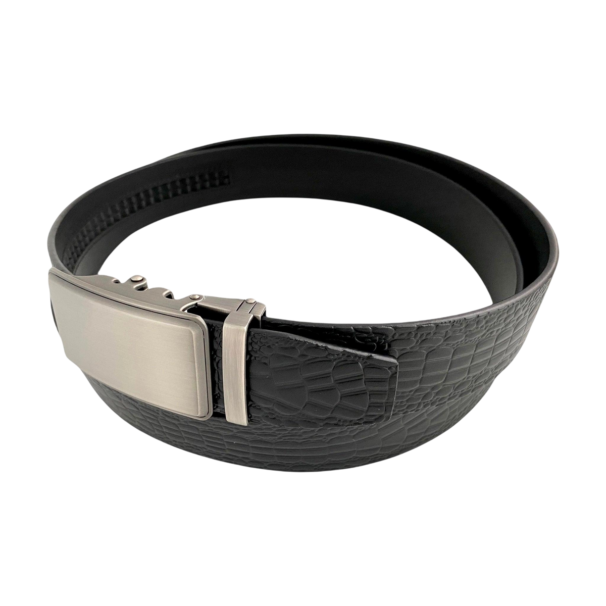 Black croco leather ratchet belt, strap texture close-up
