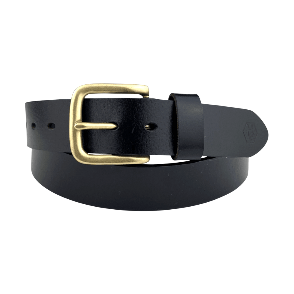 Black extra durable leather belt with buckle 02, 1.55 inch, angled view