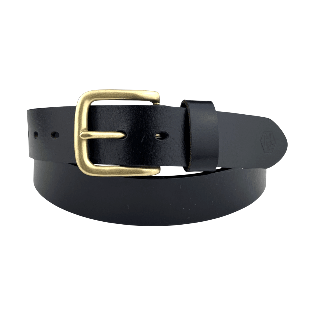 Black extra durable leather belt with buckle 02, 1.55 inch, angled view