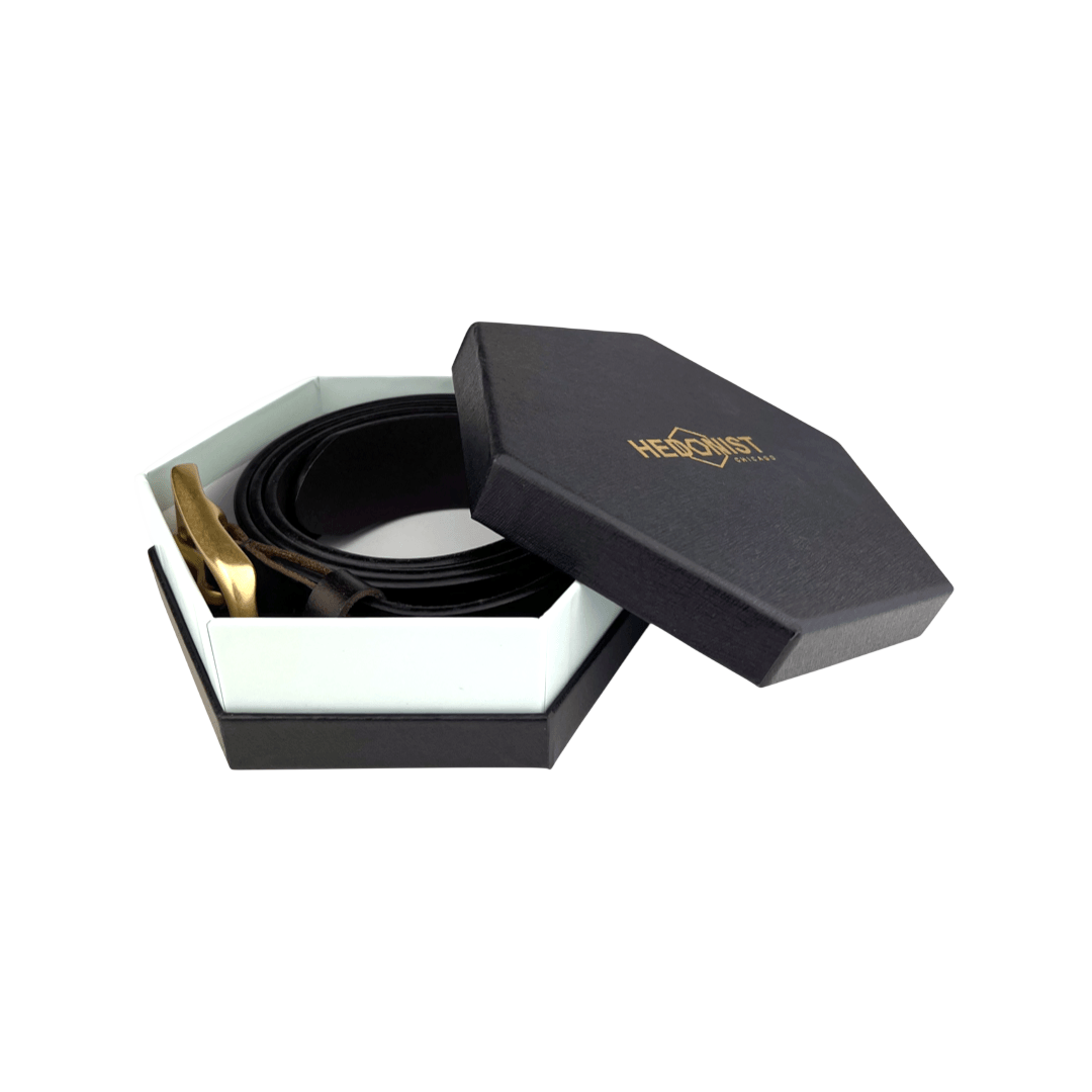 Black extra durable leather belt with buckle 2, 1.55 inch, presented in box