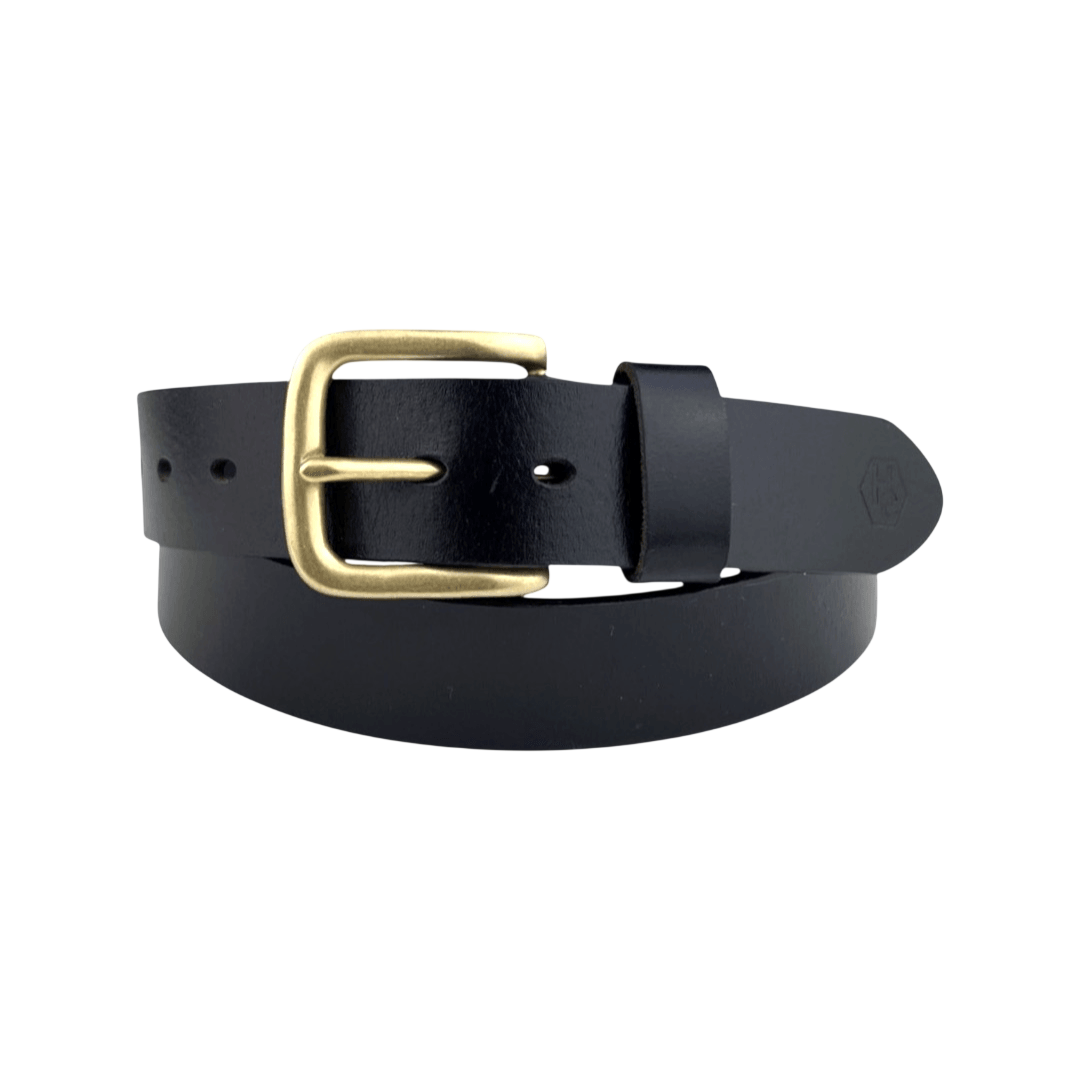 Black extra durable leather belt with buckle 2, 1.55 inch, front view