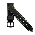 Black flat leather Apple Watch band with buckle, close-up view