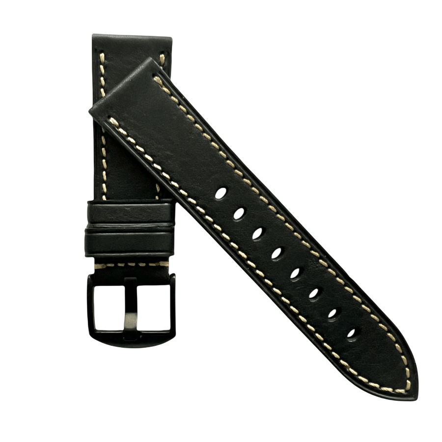 Black flat leather Apple Watch band with buckle, close-up view