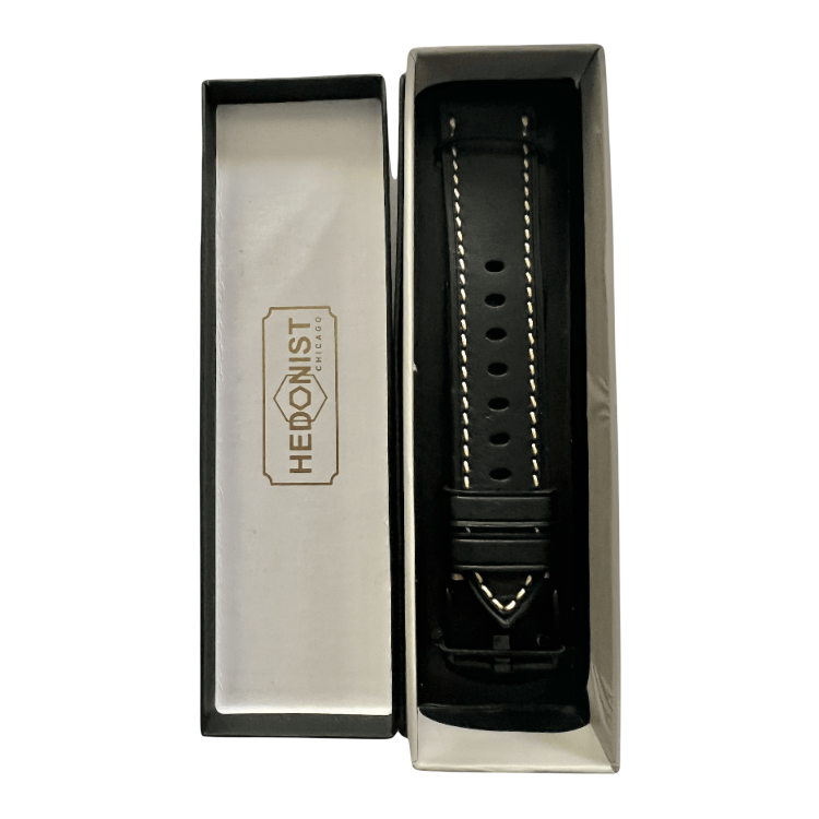 Black flat leather Apple Watch band with stainless steel buckle
