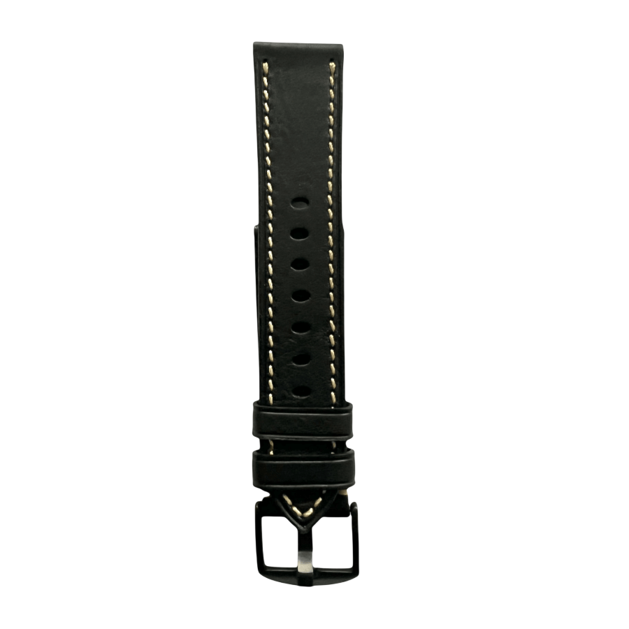 Black flat leather Apple Watch band packaged for shipping