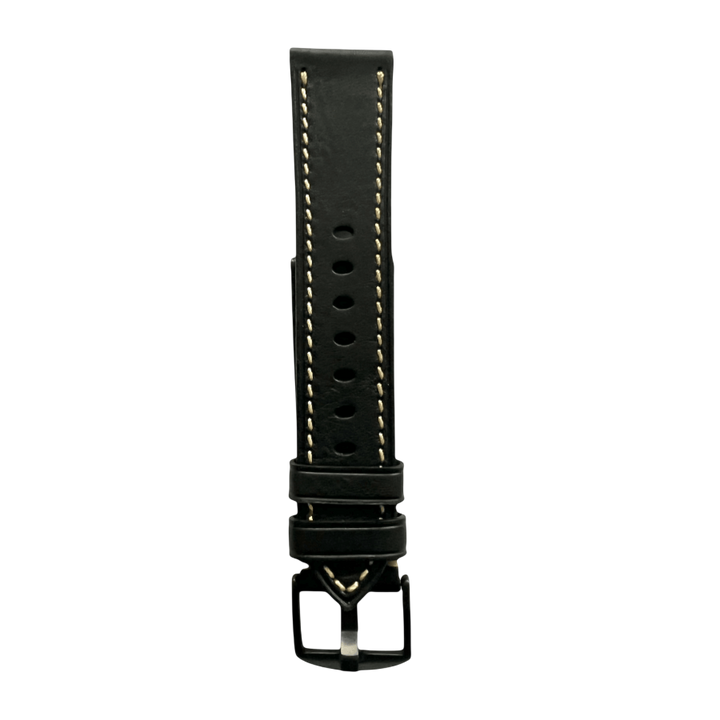 Black flat leather Apple Watch band packaged for shipping