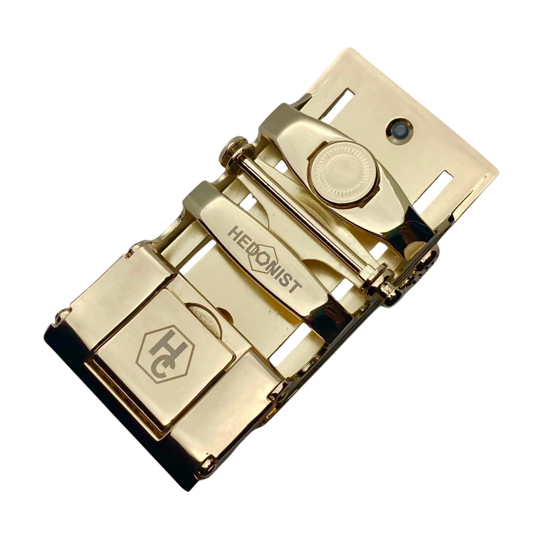 Black and gold ratchet belt buckle, 1.38 inch, back locking detail