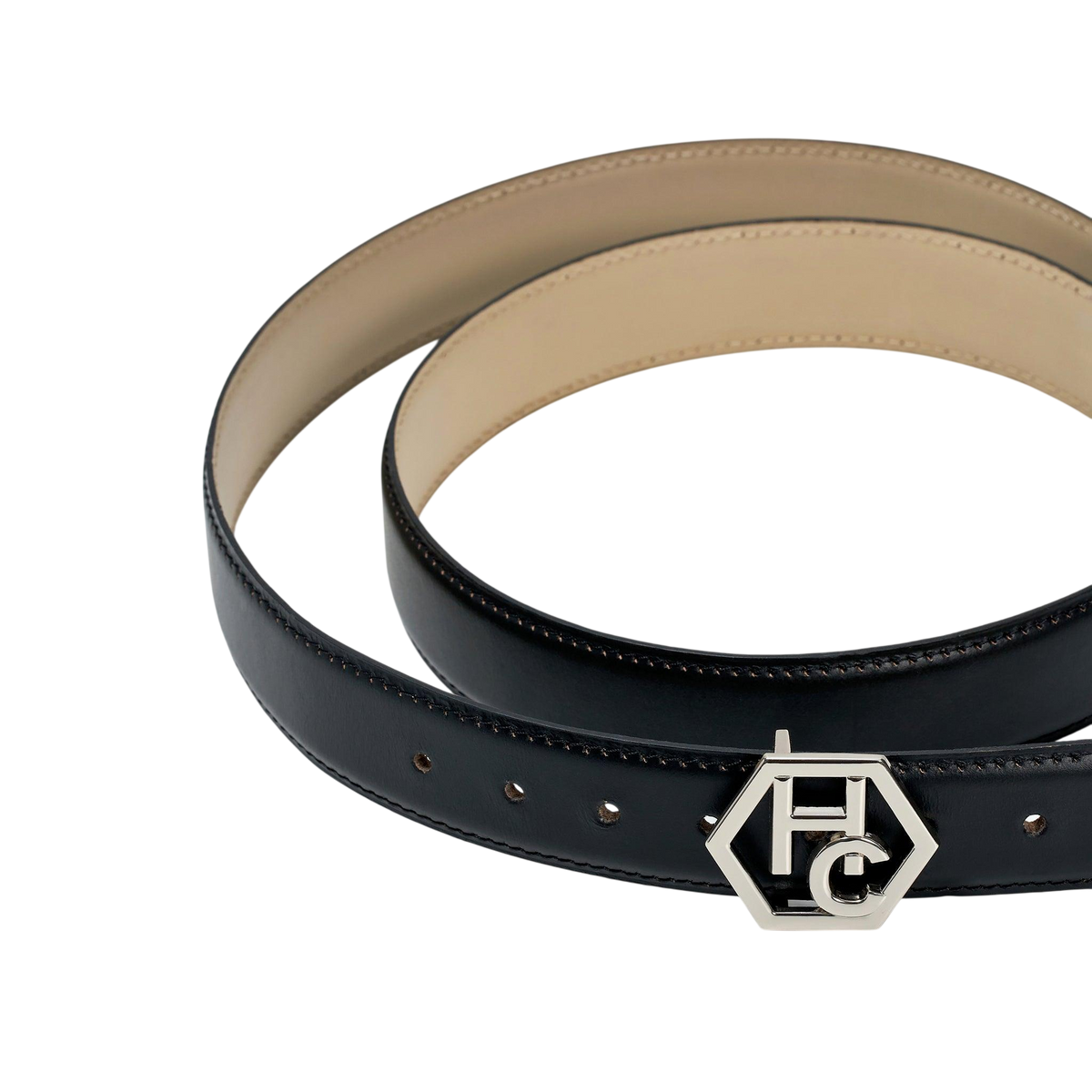 Edge stitching detail on women's reversible design leather belt - black - Hedonist Chicago (1", reversible with ivory)