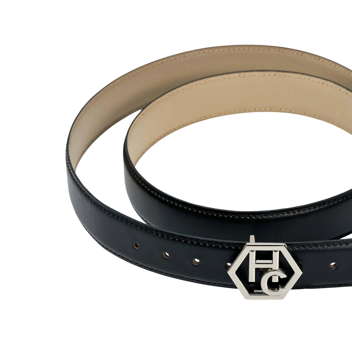 Edge finish detail on women's reversible design leather belt - black - Hedonist Chicago (1", reversible with ivory)