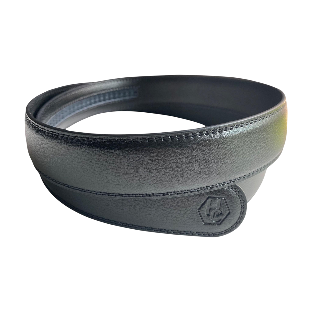 Black leather belt strap, 1.15 inch, signature detail view