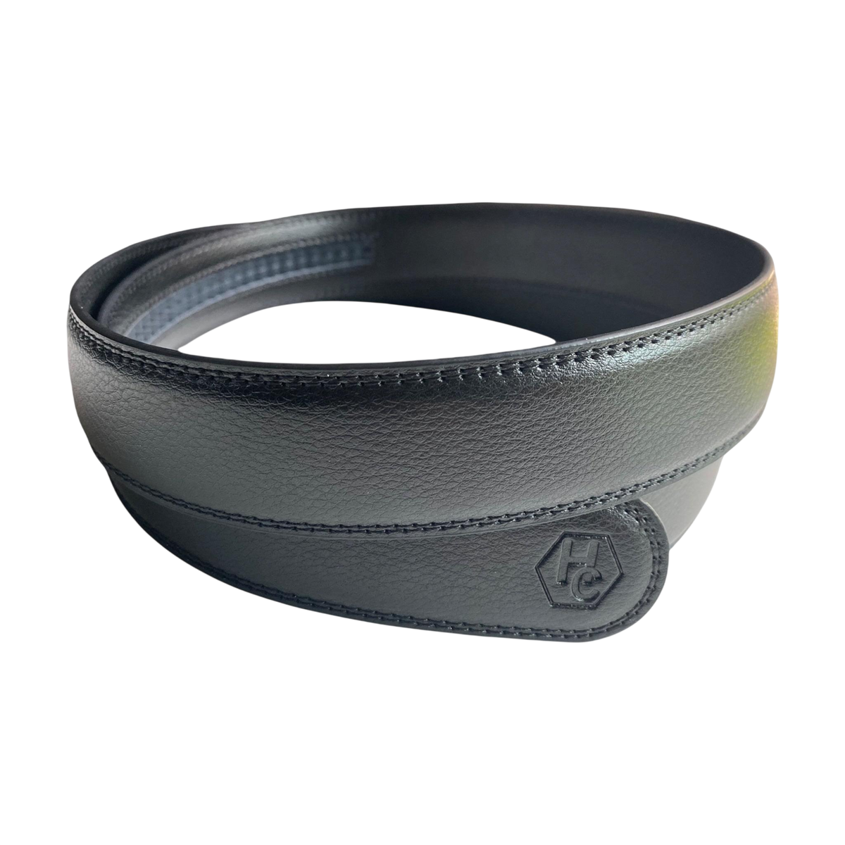 Black leather belt strap, 1.15 inch, signature detail view