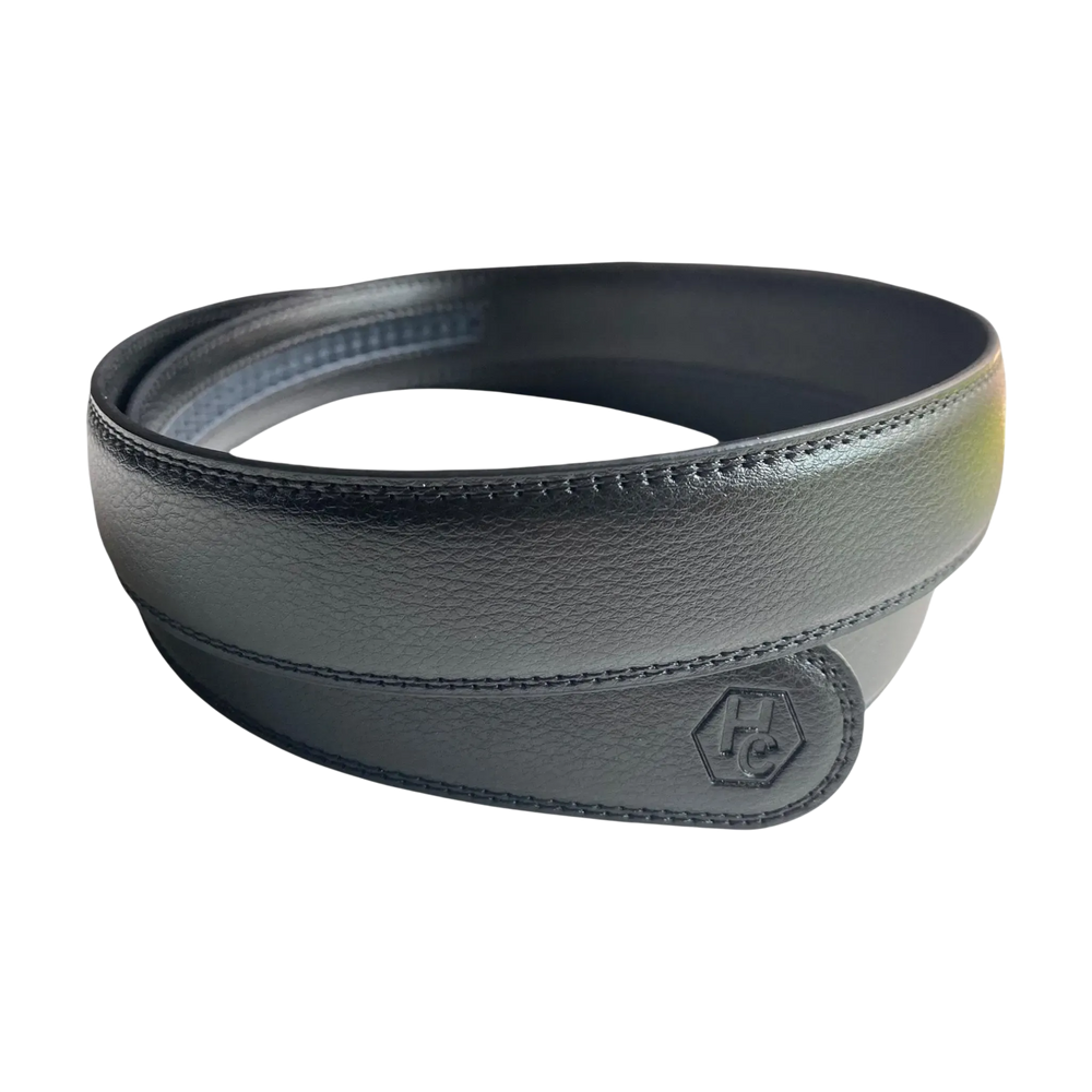 Black leather belt strap, 1.15 inch, signature detail view
