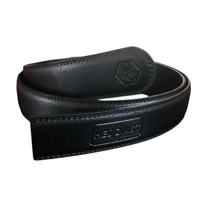 Black leather belt strap, 1.38 inch, front view
