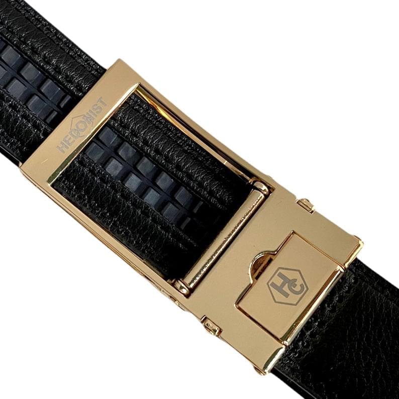 Men's Black Leather Belt with Golden Ratchet Buckle 1.15” by Hedonist Chicago buckle view