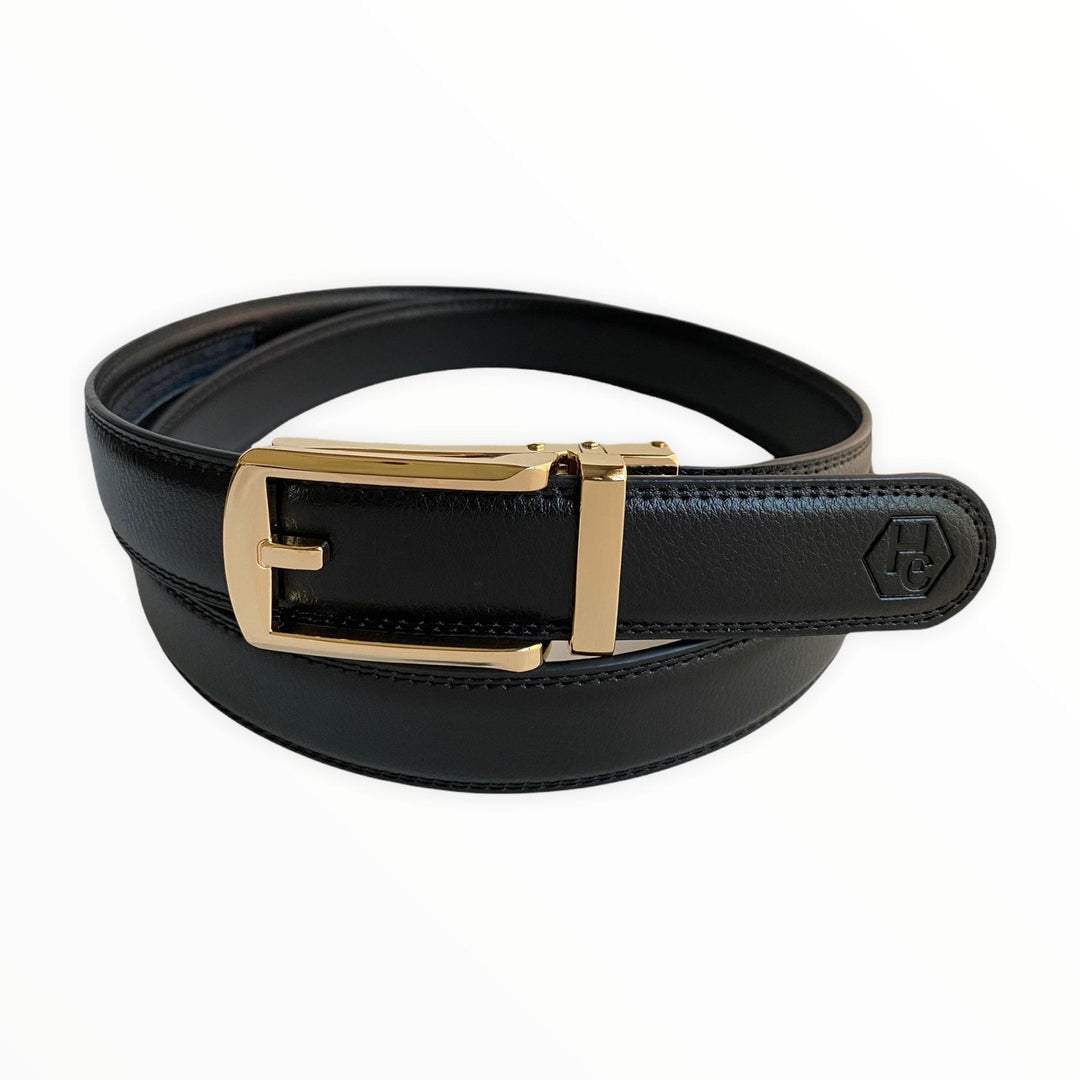 Men's Black Leather Belt with Golden Ratchet Buckle 1.15” by Hedonist Chicago main view