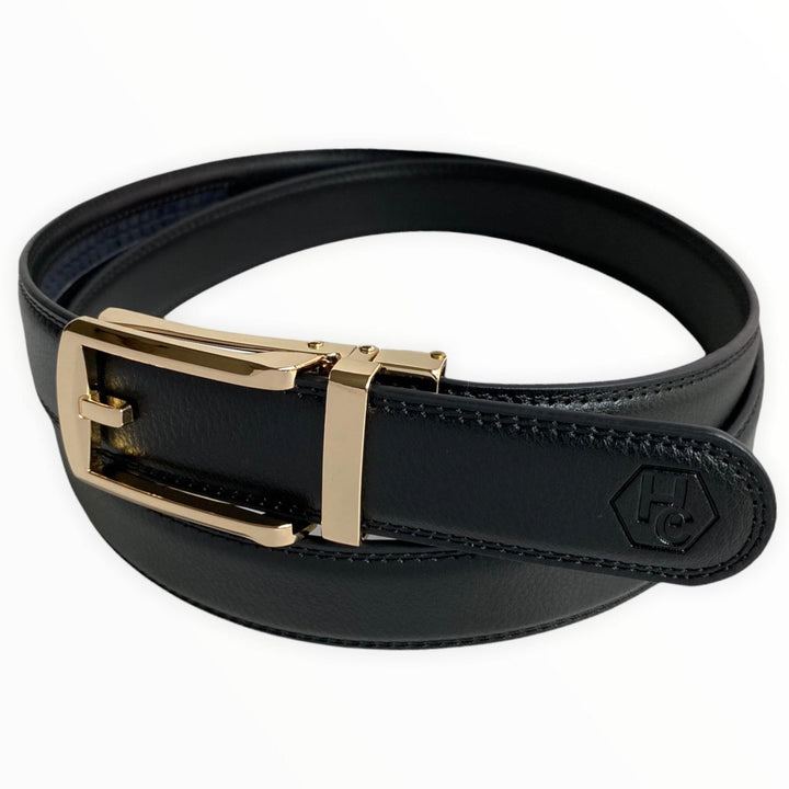 Men's Black Leather Belt with Golden Ratchet Buckle 1.15” by Hedonist Chicago side view