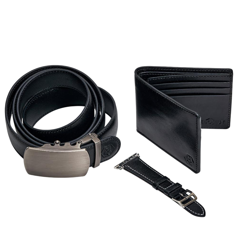 Classic bifold wallet leather belt and watch band black gift set - Hedonist Chicago