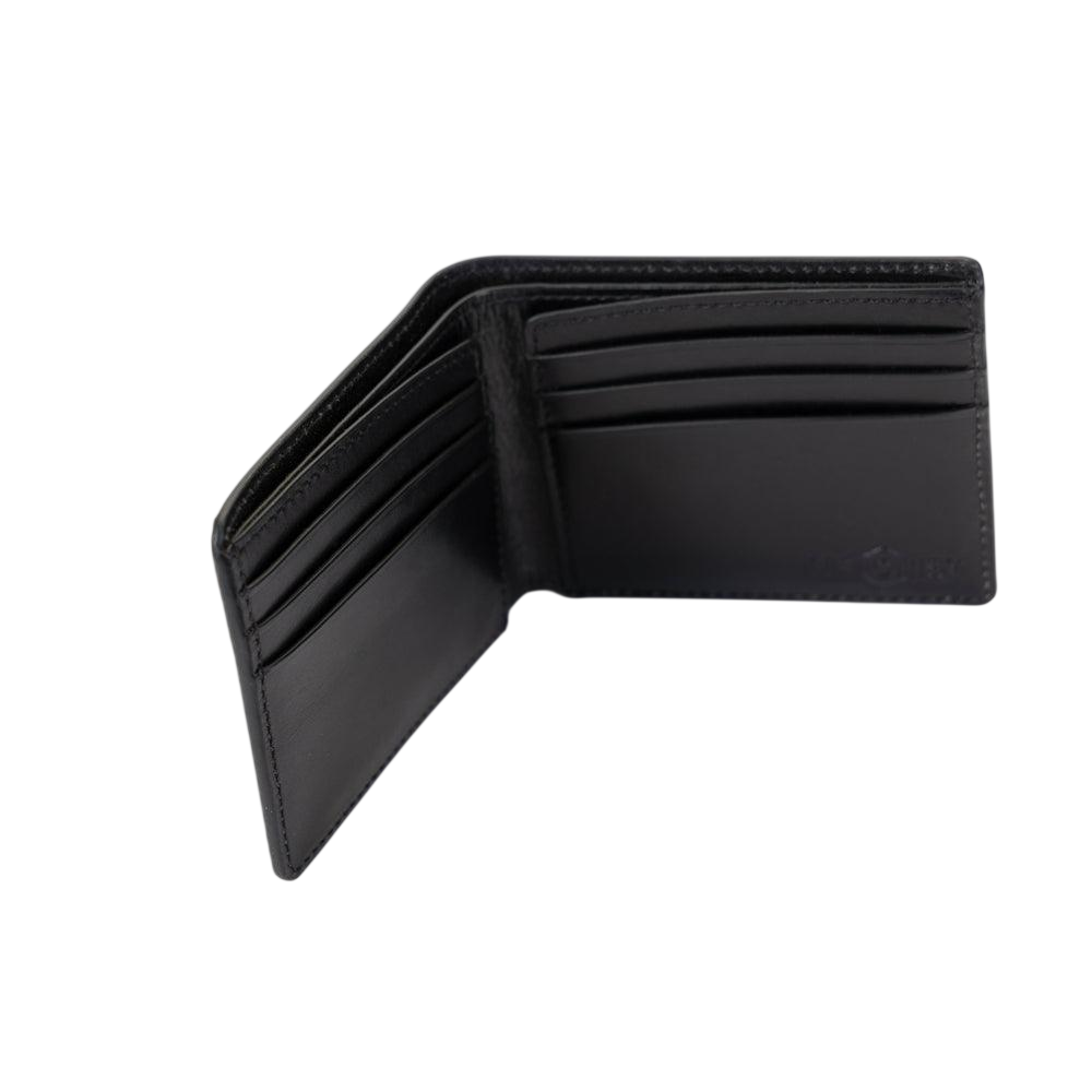 Black leather bifold wallet, belt, and watch band gift set, component detail view