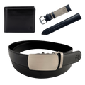 Black leather bifold wallet, belt, and watch band gift set, open display view