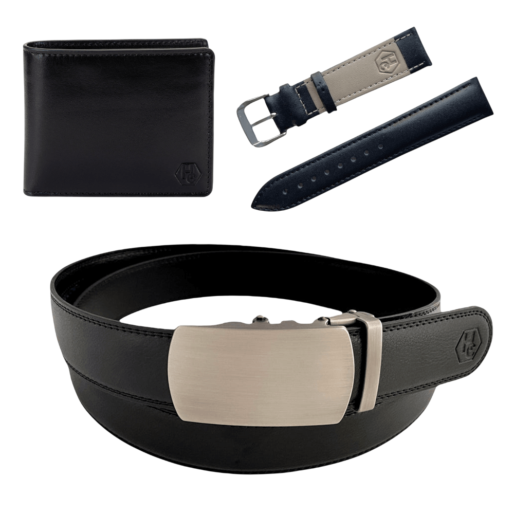 Black leather bifold wallet, belt, and watch band gift set, open display view
