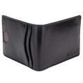 A black leather bi-fold wallet shown open, featuring a small side card pocket and an embossed logo on the lower right corner.