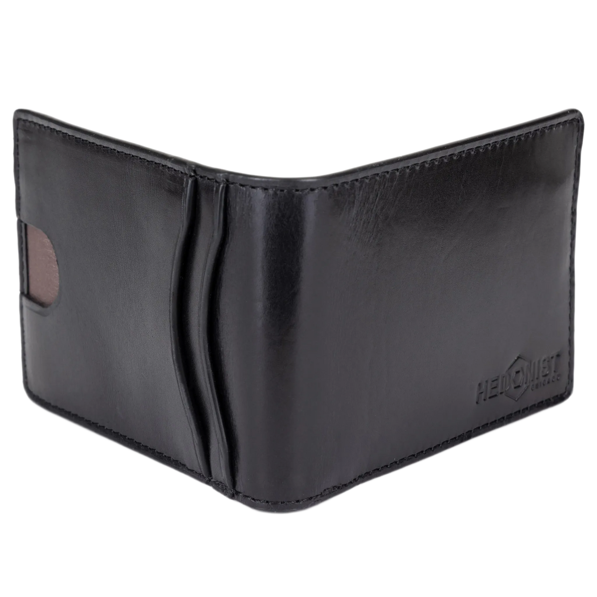 A black leather bi-fold wallet shown open, featuring a small side card pocket and an embossed logo on the lower right corner.