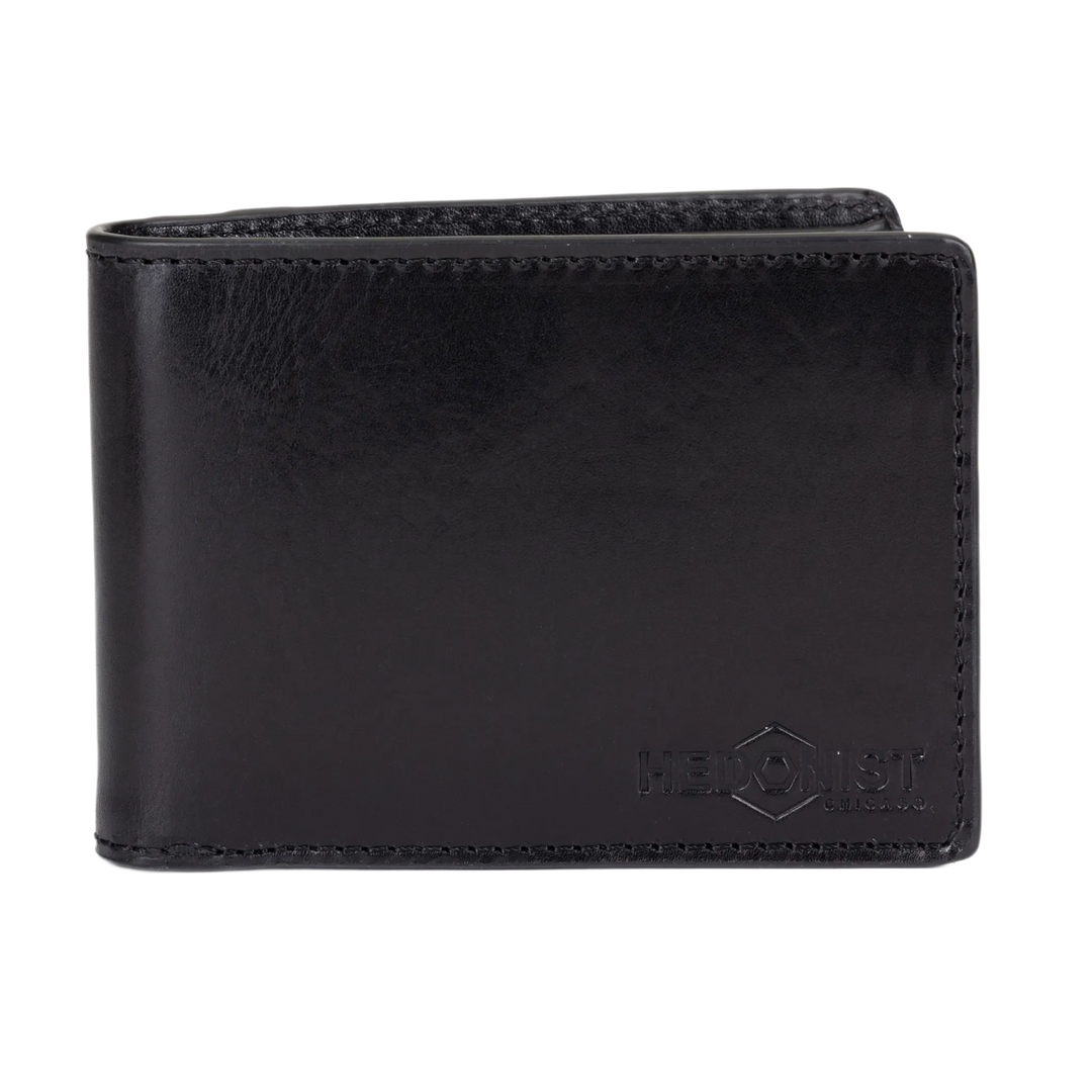 A black leather bi-fold wallet with a debossed Hedonist Chicago logo on the lower right corner, shown against a plain white background.