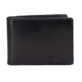 A black leather bi-fold wallet with a debossed Hedonist Chicago logo on the lower right corner, shown against a plain white background.