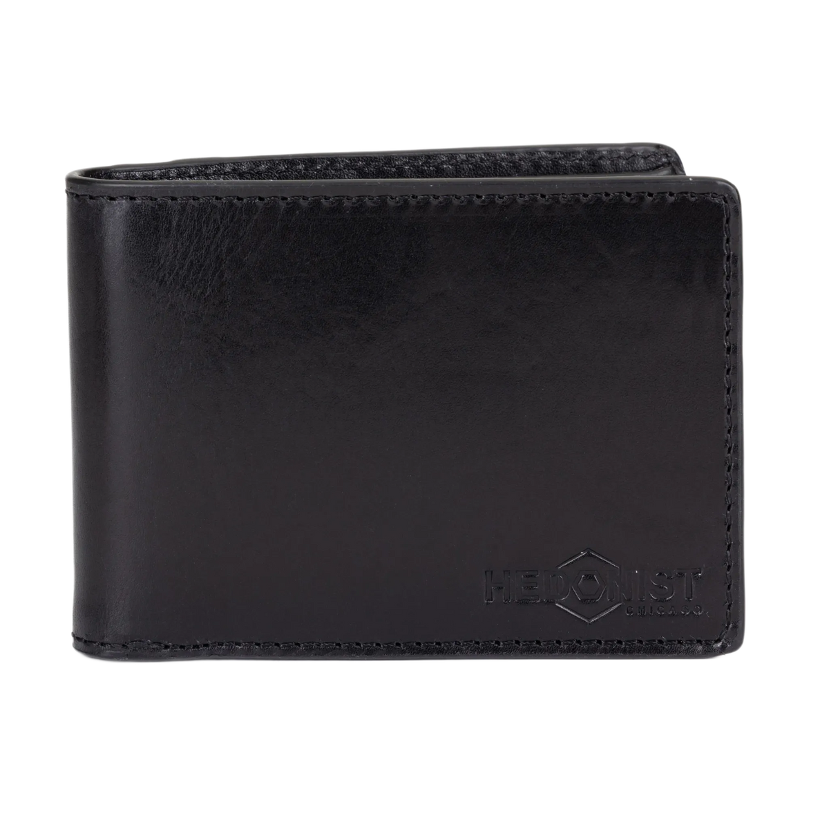 A black leather bi-fold wallet with a debossed Hedonist Chicago logo on the lower right corner, shown against a plain white background.