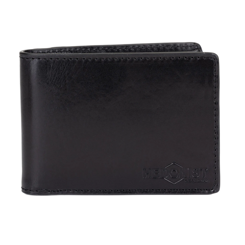 A black leather bi-fold wallet with a debossed Hedonist Chicago logo on the lower right corner, shown against a plain white background.