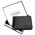 A black leather bi-fold wallet with an embossed HEDONIST logo, displayed in front of its open black and white presentation box.