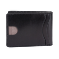 A black leather bifold wallet with a minimalist design, featuring a small semi-transparent ID window on the left side and curved card slots on the right, shown against a plain white background.