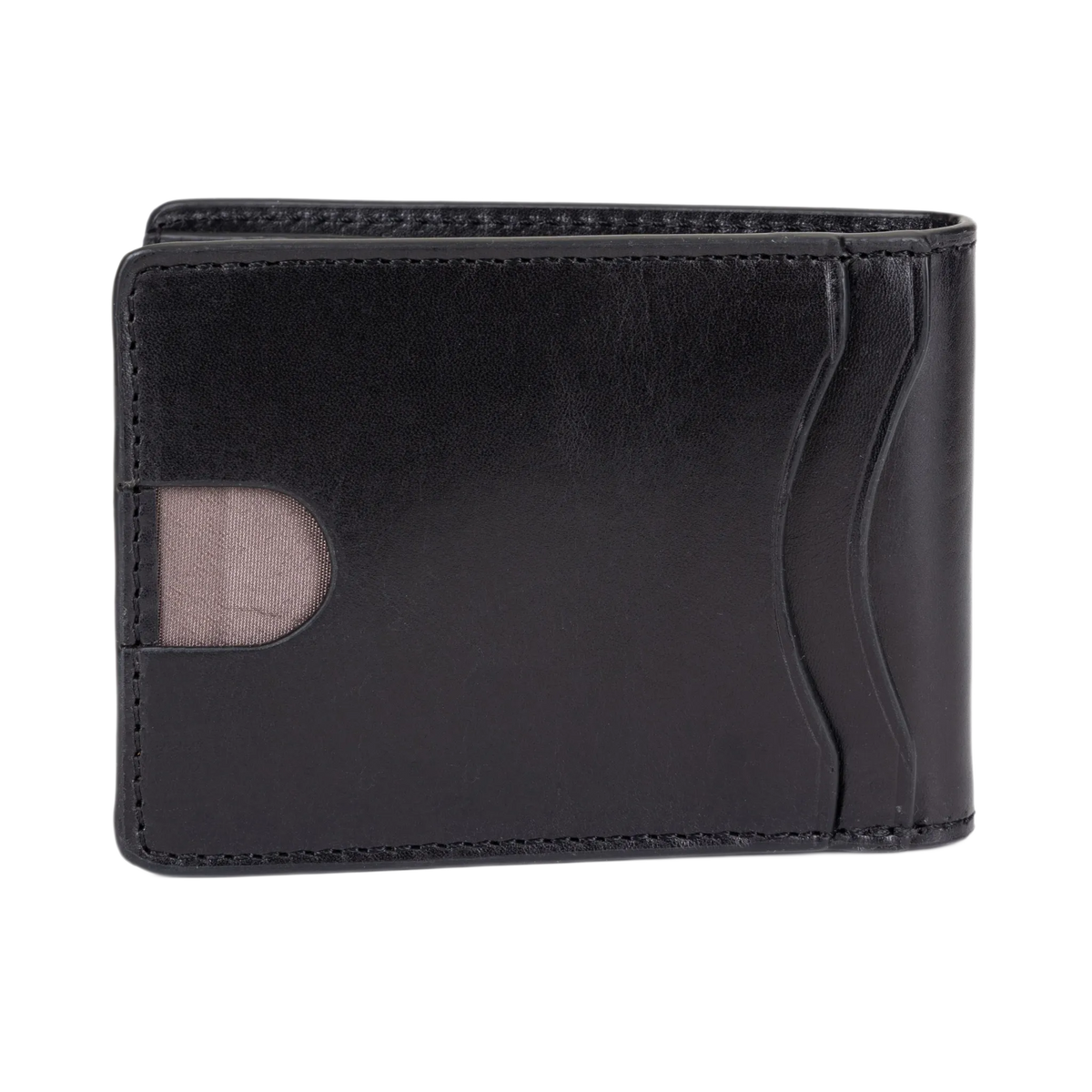 A black leather bifold wallet with a minimalist design, featuring a small semi-transparent ID window on the left side and curved card slots on the right, shown against a plain white background.