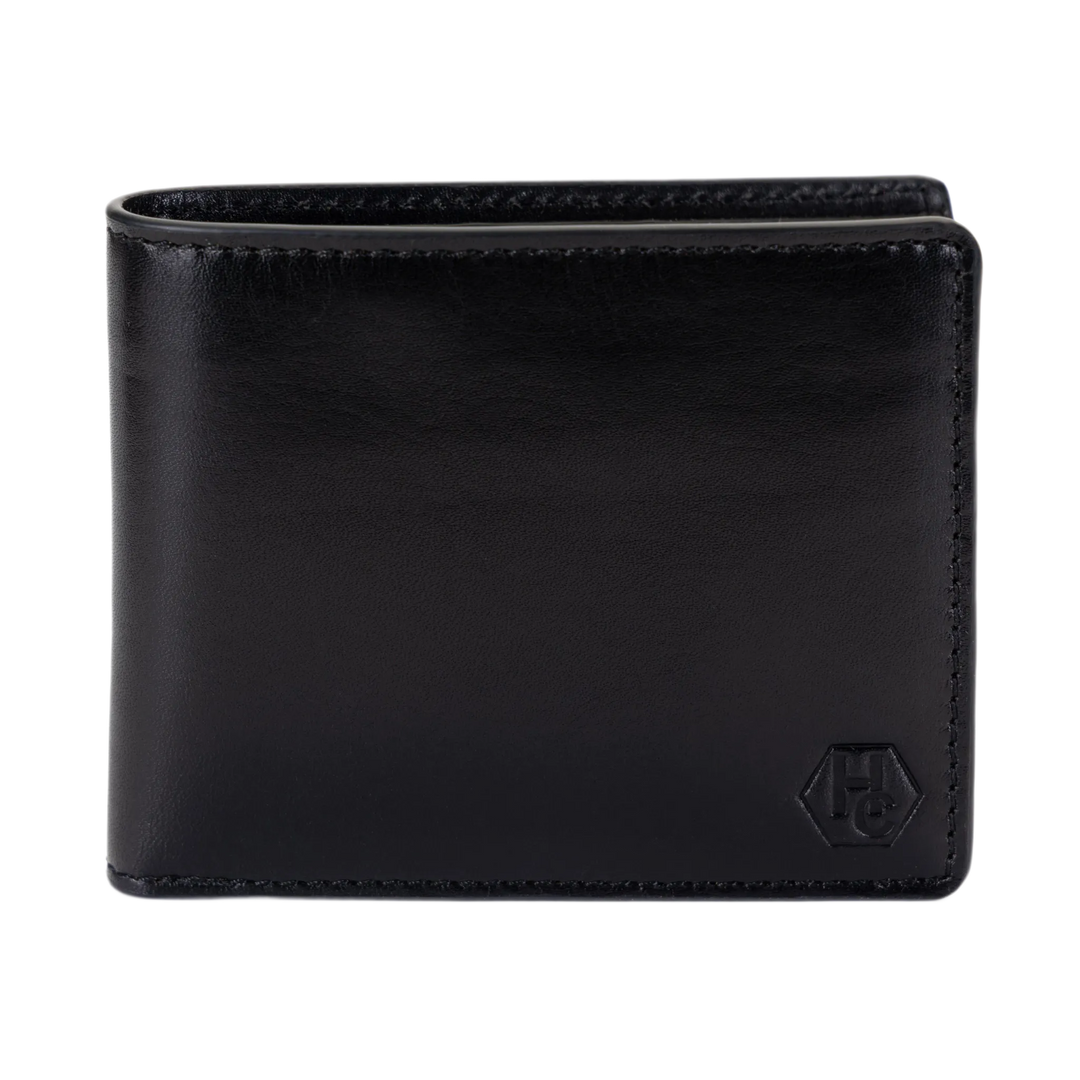 A black leather bi-fold wallet with a Hedonist Chicago logo on the bottom right corner.