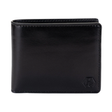 A black leather bi-fold wallet with a Hedonist Chicago logo on the bottom right corner.