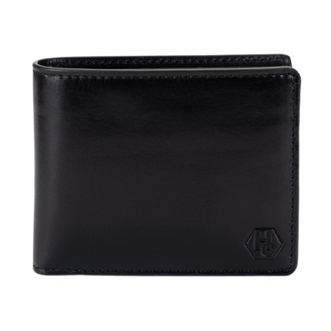 A black leather bi-fold wallet with a Hedonist Chicago logo on the bottom right corner.