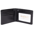 A black leather bi-fold wallet shown open, featuring multiple card slots on the left and an ID window on the right with a white insert card displaying the brand name 'HEDONIST'.