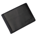 Black leather bifold wallet, close-up of stitching and embossed logo detail