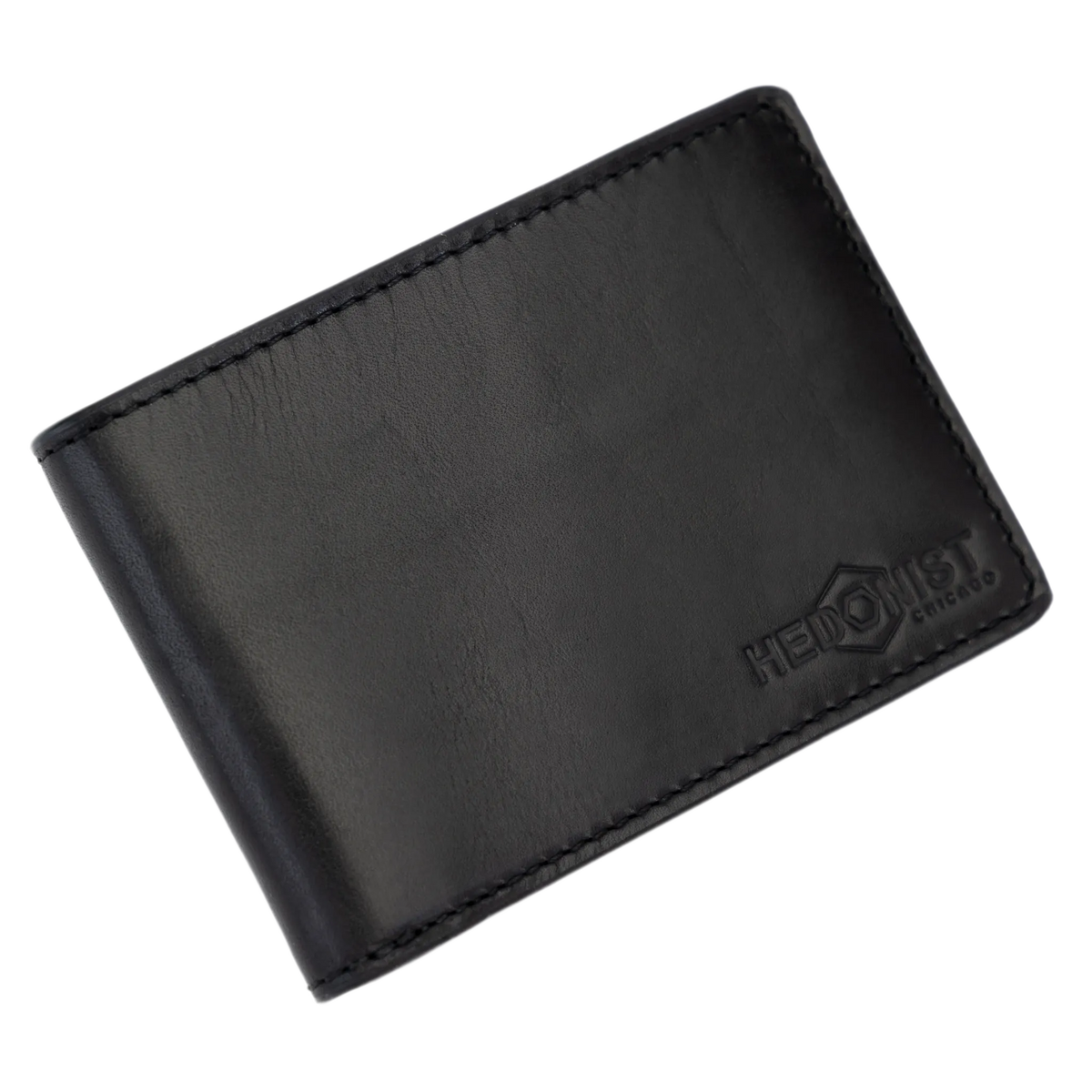 Black leather bifold wallet, close-up of stitching and embossed logo detail