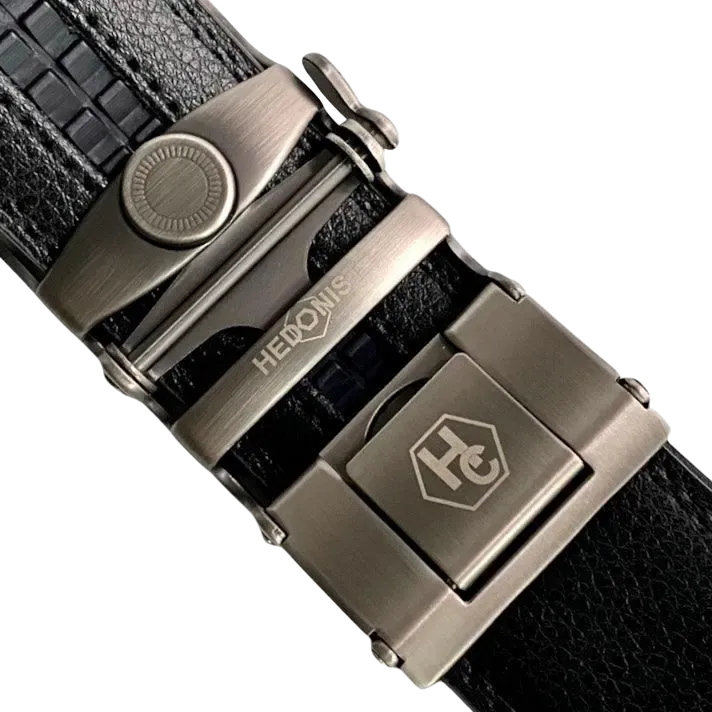 Black leather casual ratchet belt with gunmetal buckle, buckle close-up
