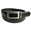 Black leather casual ratchet belt with gunmetal hollow rectangle buckle, front view