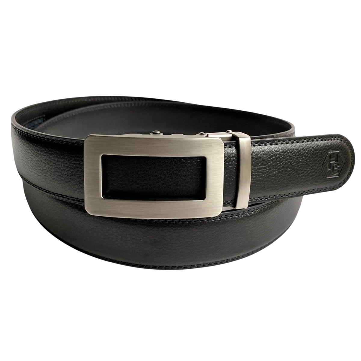 Black leather casual ratchet belt with gunmetal hollow rectangle buckle, front view
