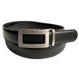 Black leather casual ratchet belt with gunmetal hollow rectangle buckle, front view