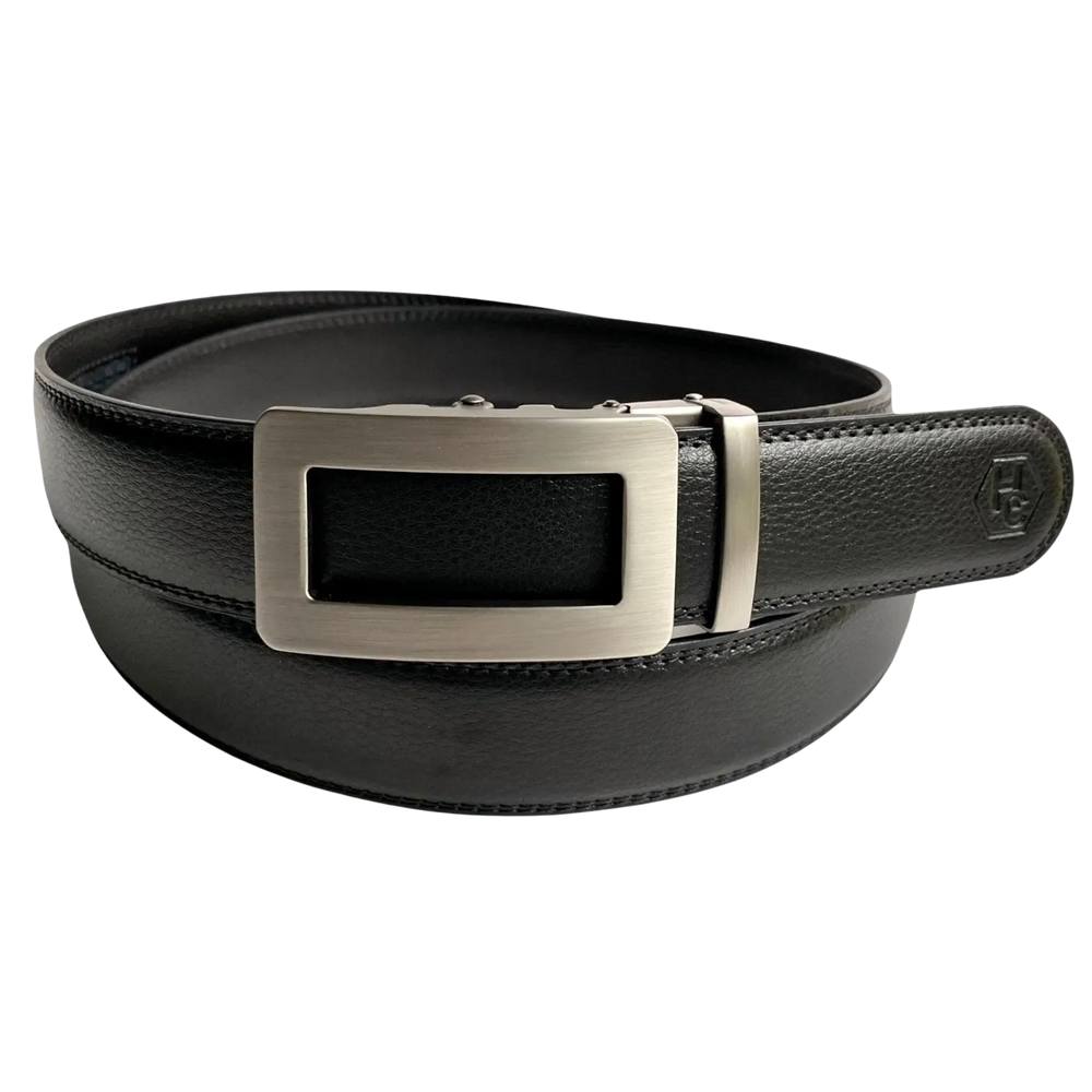 Black leather casual ratchet belt with gunmetal hollow rectangle buckle, front view