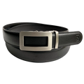 Black leather casual ratchet belt with gunmetal hollow rectangle buckle, front view