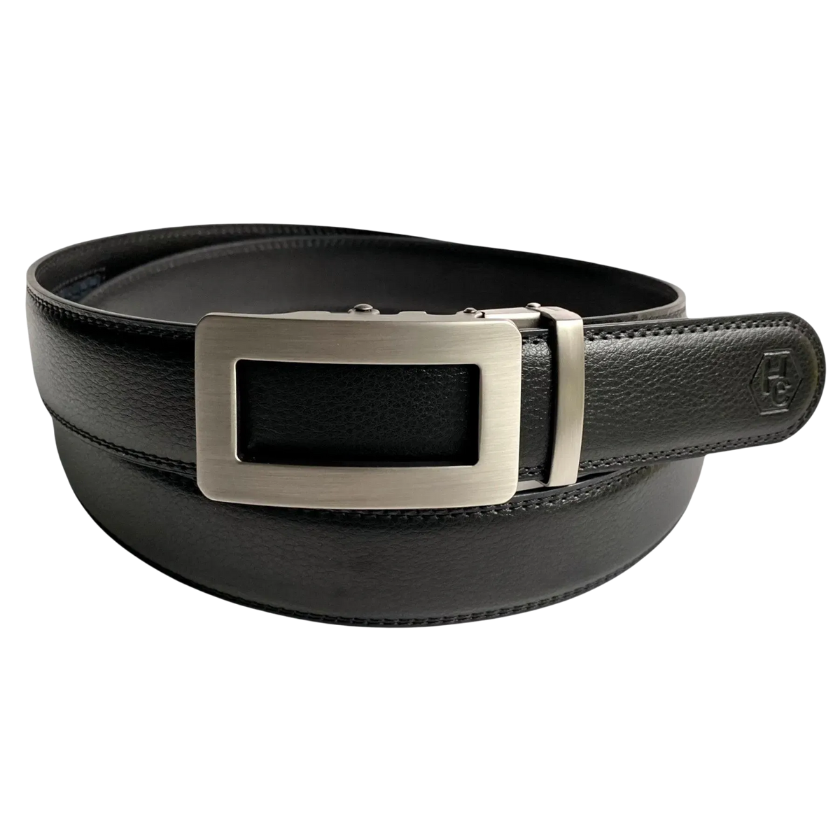 Black leather casual ratchet belt with gunmetal hollow rectangle buckle, front view