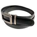 Black leather casual ratchet belt, strap texture close-up